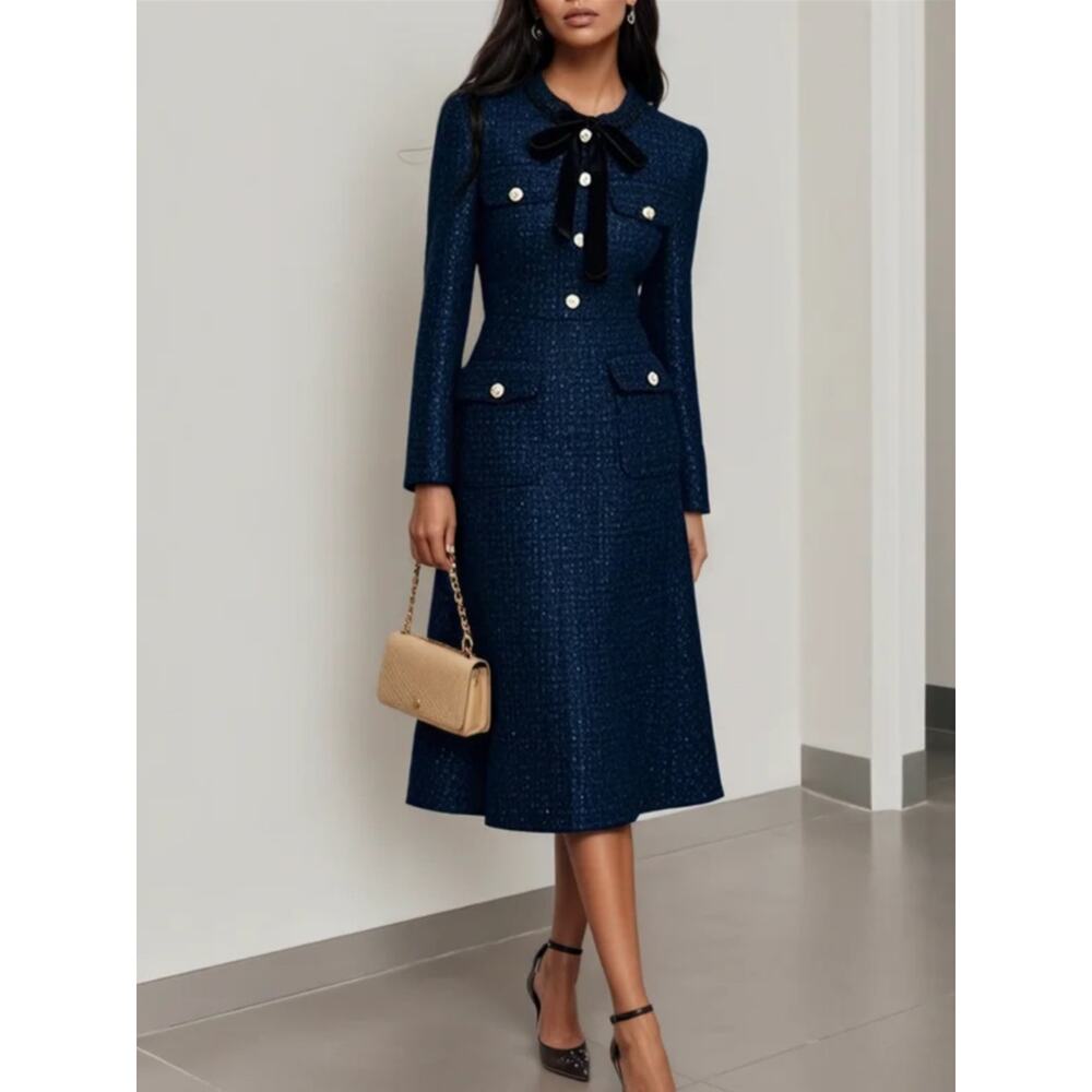 NWT Fehaute Dark Blue Bow Sequin Tweed Crew Neck Long Sleeve A-Line Midi Dress